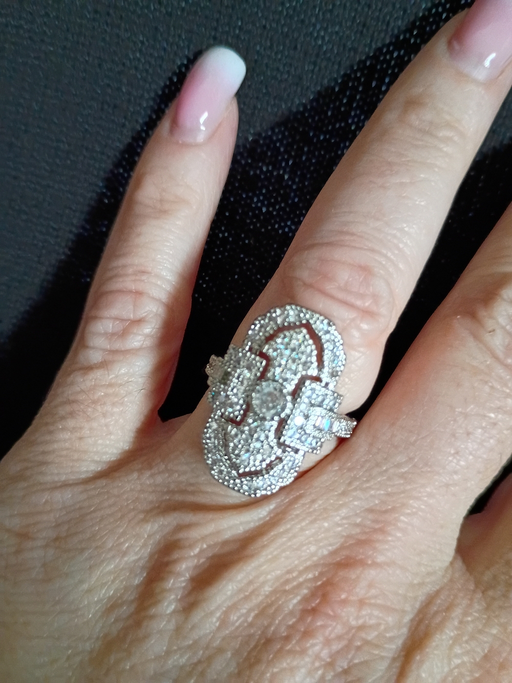 Elegant Silver-Tone Pavé Crystal Statement Ring - White
